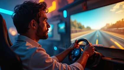 Man plays racing video game at home. Uses steering wheel, monitor shows race track. Gamer immersed, enjoying virtual competition. Digital entertainment tech.