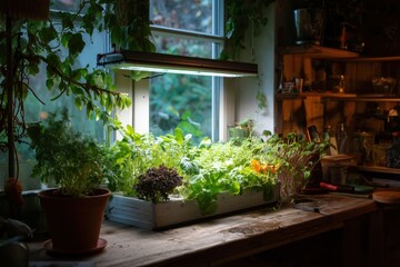 Indoor gardening with artificial light and fresh greens


