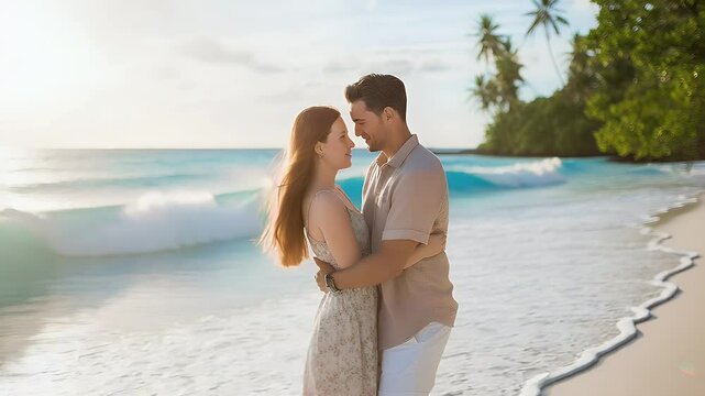 Couple Embracing On A Sandy Beach With Ocean Waves Palm Trees And A Warm Sunset