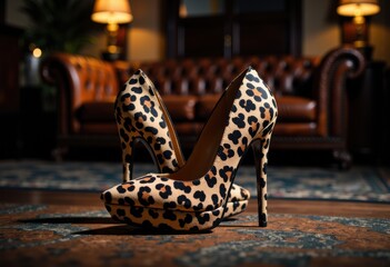 Stylish leopard print high heels on a wooden floor in a cozy setting
