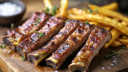 grilled ribs and french fries fast food wooden background