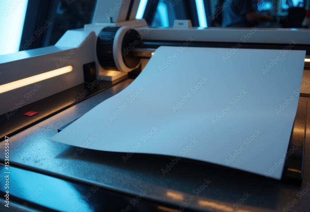 Poster a blank sheet of paper on a modern printing machine ready for use