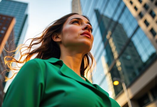 Confident woman in green blouse looking upward against a cityscape background