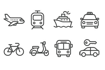 Transportation Icons. Line style icons of transportation modes: airplane, train, cruise ship, taxi, bicycle, scooter, bus, car