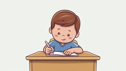 cartoon vector illustration of a child sitting at a desk in a classroom and writing a notebook.