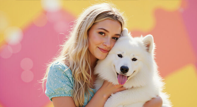 Beautiful blonde woman hugging fluffy white samoyed dog on gradient background. Pet ownership and companionship promoting veterinary care and grooming services