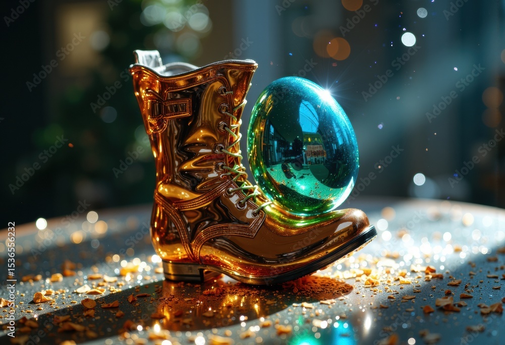 Aufkleber shiny metallic boot with a reflective sphere on it, surrounded by glitter and sparkles