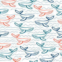 Cachalot Seamless Pattern Line Art Style. Cachalot Simple Hand Drawn Art Print for Trendy Design. Ocean Animals Abstract Vector Illustration in Doodle Sketch Style.
