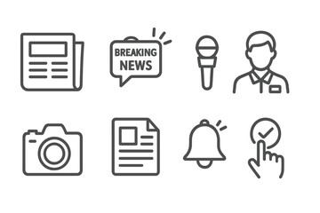 News App Icons. Line style icons for news apps: newspaper, breaking news, microphone, reporter, camera, article, notification,