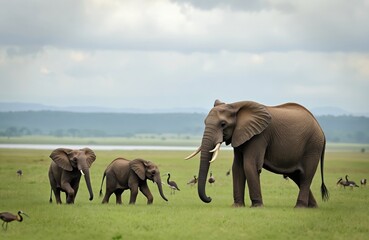 Fototapeta premium Family of elephants, two baby calves with mother, savanna birds on green field. African wildlife scene, concept of animal care, travel, wildlife observation. Ideal for educational resources, nature,