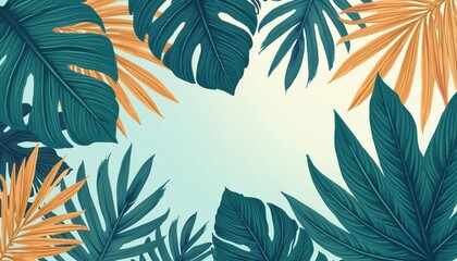 Vibrant tropical leaves blend teal cream colors. Nature background creates relaxation. Design evokes aesthetic summer mood., artistic botanical design with palm fronds, monstera leaves. Fresh