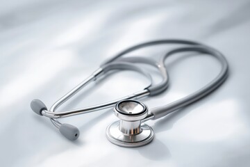 Close-up of a modern medical stethoscope lying on a clean white surface with soft natural light, high-detail, minimalist style.