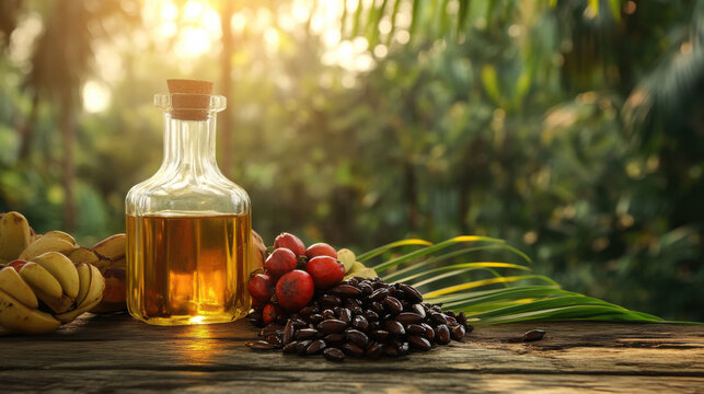 olive oil in a glass flask on a wooden table - Powered by Adobe