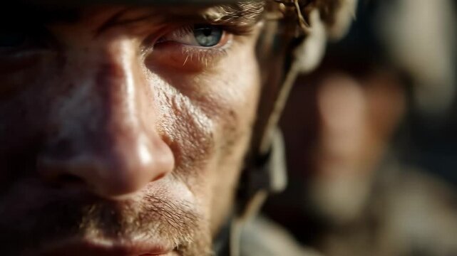 Close-up of a battle-weary soldier in camo uniform, sweat and dirt covering his face, red eyes heavy with fatigue after completing a tough mission.

