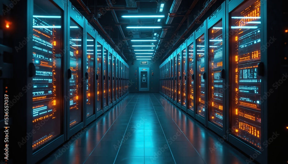 Poster futuristic server room. advanced control panels glow with cyber tech in dark environment. digital in