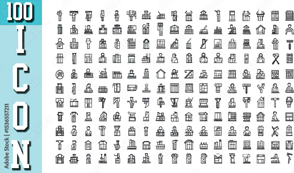 Aufkleber collection of one hundred line art icons representing various concepts and objects