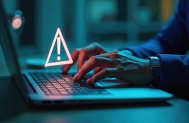 Hands typing on laptop keyboard with warning alert symbol. Error message, cyber attack, data breach concept. Hacker alert, caution of system compromised. Business data security.