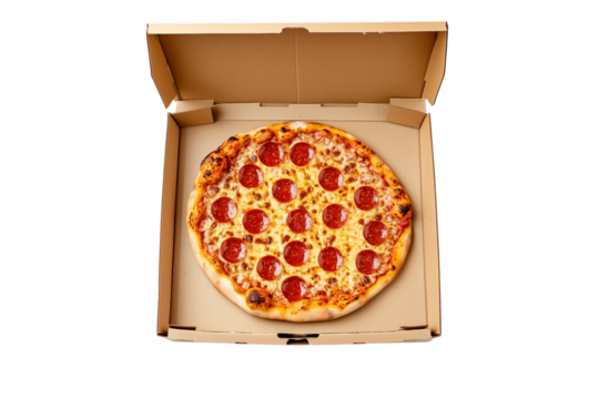 Pepperoni pizza in cardboard box isolated on transparent background