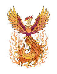 Fototapeta premium Elegant Phoenix with Fiery Tail – Mythical Firebird Illustration in Flames
