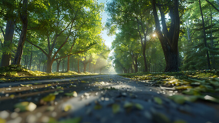 Serene Sunlit Forest Paths: Morning Light Filtering Through Lush Canopies