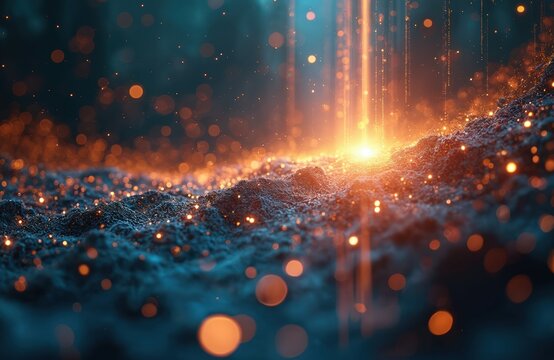 Futuristic tech abstract background data transfer, digital connection. Conceptual image of cyberspace network with glowing light, particles. Digital innovation, ai, computer science, security concept.