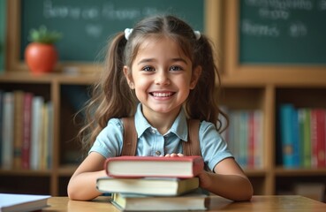 Smiling schoolgirl with books in school classroom. Happy preteen student with backpack. Education concept, back to school theme. Child learning at desk studying homework.