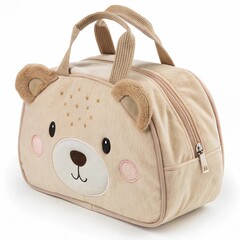 Close-up of a toddler’s mini travel bag shaped like a cute bear, with soft fabric texture and cute face details, on white background