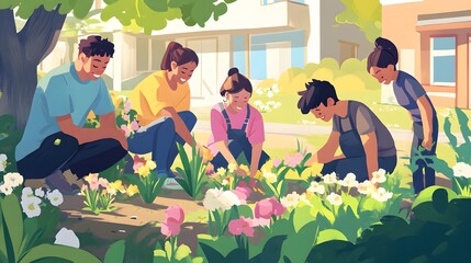 Naklejka premium A group of young people tending a vibrant flower garden.