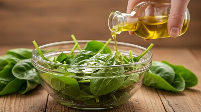 Fresh spinach with olive oil pouring