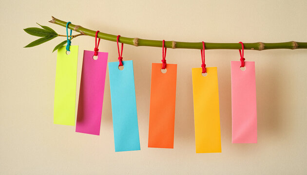 Colorful tanzaku papers on bamboo twig, Tanabata Festival decoration