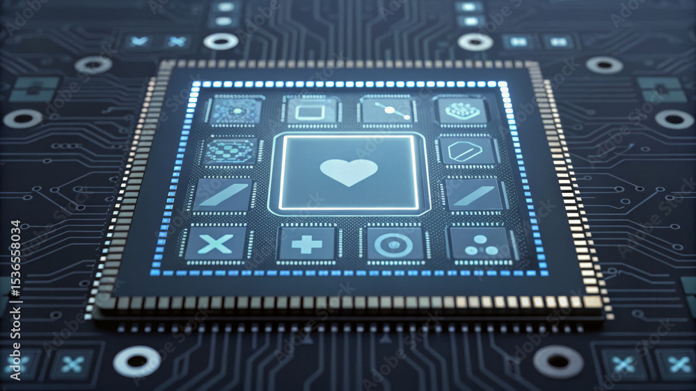 Poster ai chatbot for healthcare support. digital circuit board with heart icon and various symbols. ai for