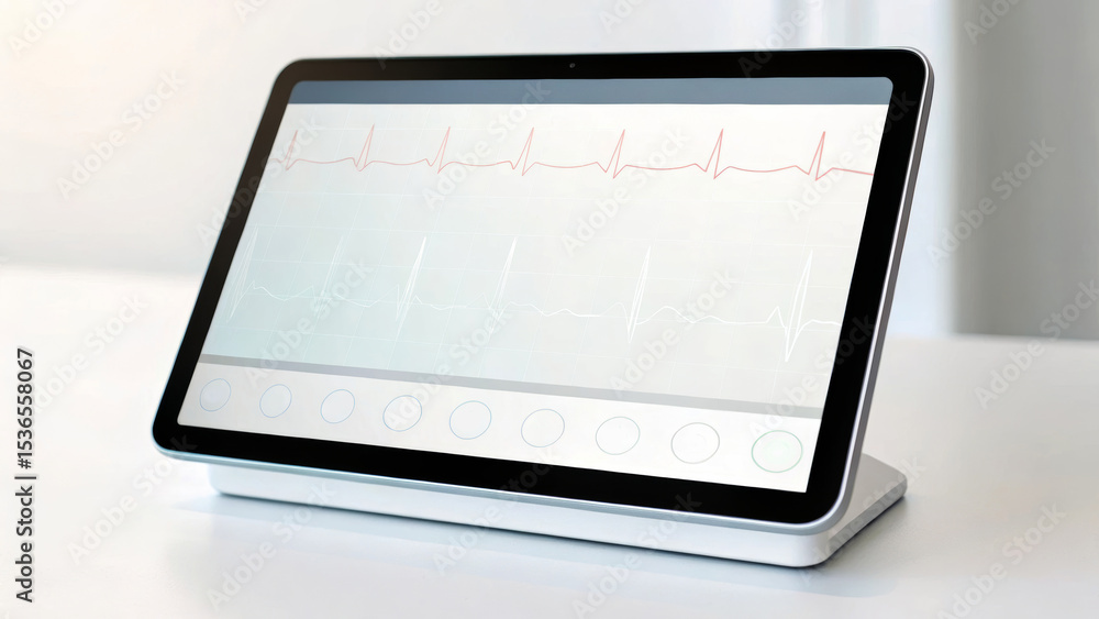 Poster ai chatbot for healthcare support. digital tablet displaying heart rate monitor readings. ai for cus