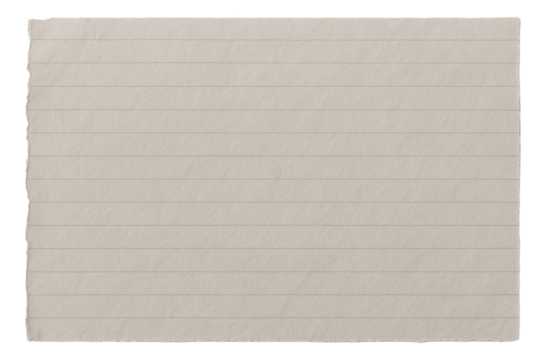 Torn piece of lined notebook paper with a textured surface on transparent background.