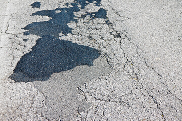 Old damaged, dangerous and broken asphalt road background