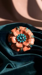 Coral and Teal Flower Brooch on Velvet Fabric Close-Up