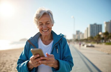Happy elderly woman enjoys smartphone at beach. Smiling senior female checks social media online. Joyful pensioner on seaside with phone, staying connected. Tech, health, fitness, retirement