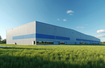 Large industrial building exterior blue, grey colors. Modern architecture, warehouse construction under bright blue sky. Green grass foreground. Commercial property, factory facade, urban development.