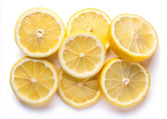 Fototapeta premium TopDown View of Fresh Lemon Halves on White Background, Aromatic Slices