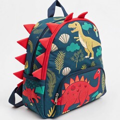 Close-up of a dinosaur-themed children’s backpack, featuring bold colors and 3D spikes, set against a white background