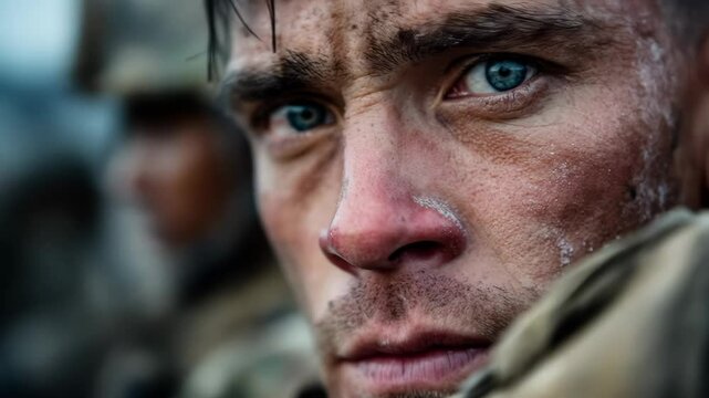 Close-up of a weary soldier in camouflage, face dirty and sweaty, with red, tired eyes showing the strain of recent combat and hard work.

