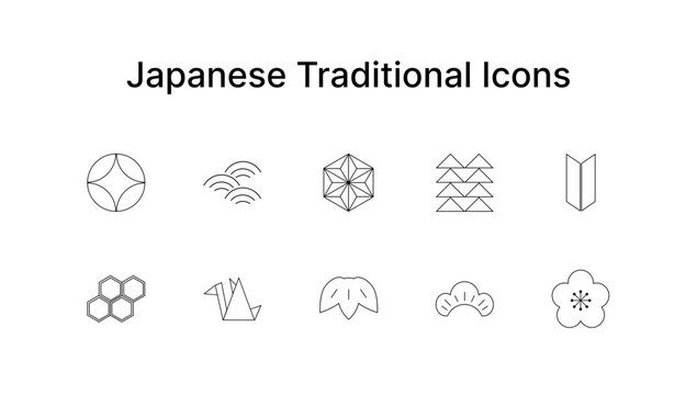 Japanese Traditional Pattern Icons, Line Art Set of 10 Symbols, Minimal Japanese Motifs, Vector