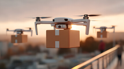Unmanned aerial vehicles carrying packages across the urban landscape during sunset