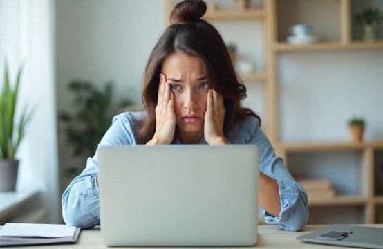Stressed business woman working at home, looks worried. Exhausted, tired, overwhelmed, feeling anxiety, frustration. Mental health problems. Remote work during quarantine, working from home concept.