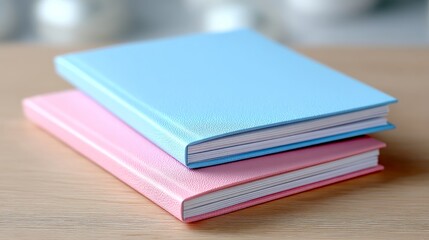 Fototapeta premium Stack of Pastel Baby Books in Blue and Pink Resting on a Wooden Surface with Soft Background