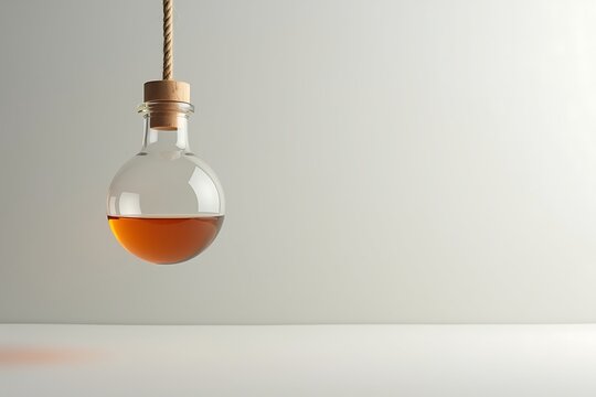 Round bottom flask with amber liquid hanging from rope for science lab or bar drink concept design 