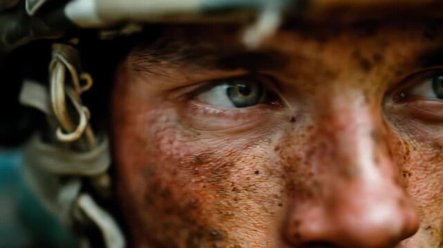Close-up of a fatigued soldier in camo gear, sweat dripping down his dirt-smudged face and red eyes showing signs of battle fatigue and determination.

