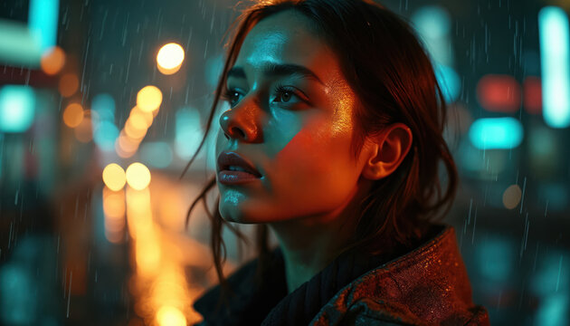 Young woman in futuristic cyberpunk city at night. Rain falls. Neon lights. Glowing binary code reflection on face. Artificial intelligence, data, tech concepts. Urban future. - Powered by Adobe