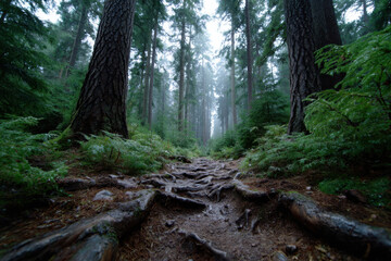 Obraz premium Pathway through a misty forest with towering trees and exposed roots during early morning