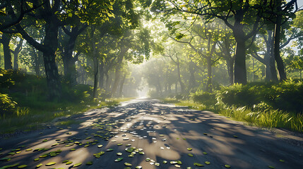 Serene Sunlit Forest Paths: Morning Light Filtering Through Lush Canopies