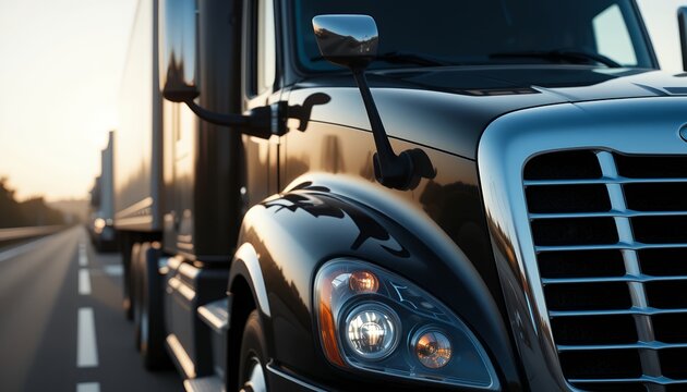 Close up view of a black semi truck driving on road during sunset time with trailer attached